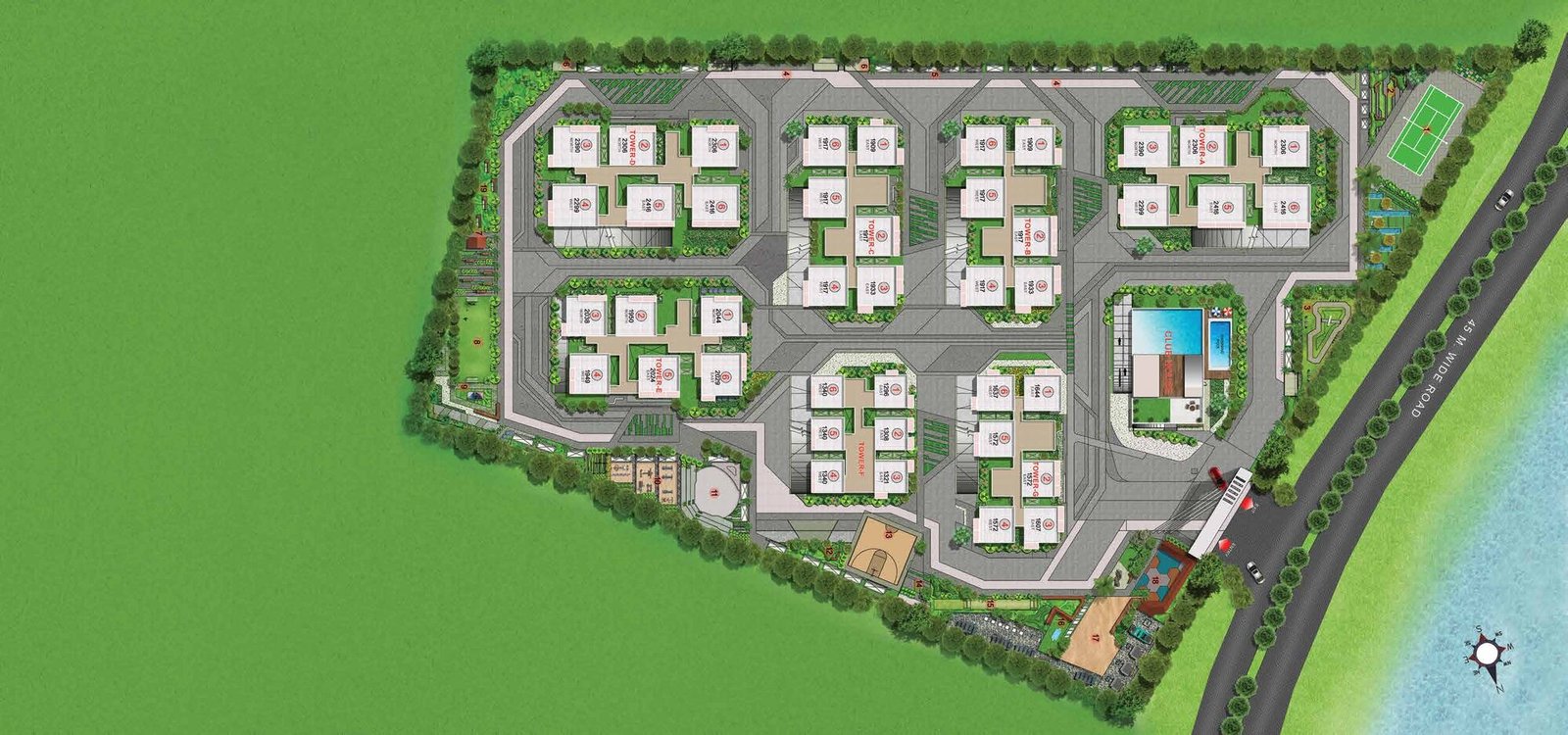 Candeur Lakescape master site plan showing 7 towers, clubhouse and amenities
